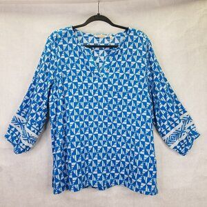 Soft Surroundings Narah Tunic Womens XL Geometric Knit 3/4 Puff Sleeve Top Retro